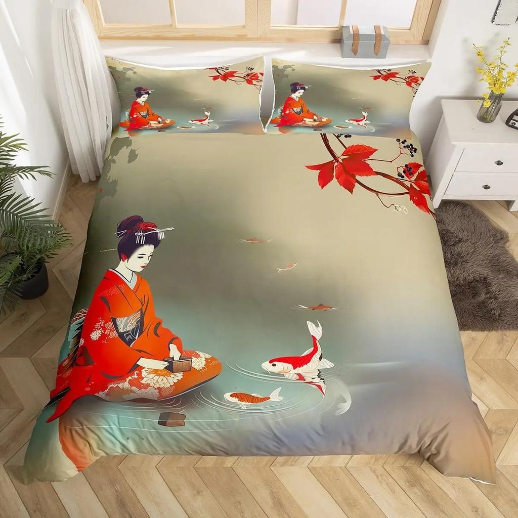 Koi-Fisch Bettwäsche-Set Asiatisch Orientalisch Floral Print Bettbezug-Set mit Kissenbezügen für Schlafzimmer-Dekor Erwachsene Twin Full Queen King