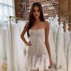 Abito da sera da donna con paillettes, soffice pelliccia, senza maniche, spalle scoperte, attillato, senza schienale, per ballo di fine anno, mini abito da sposa.