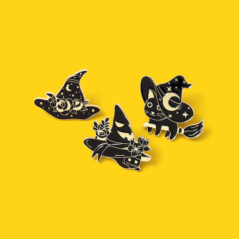 Black Cat Adorable Witch Hat Brooch Elegant Alloy Design For Spooky Looks Halloween