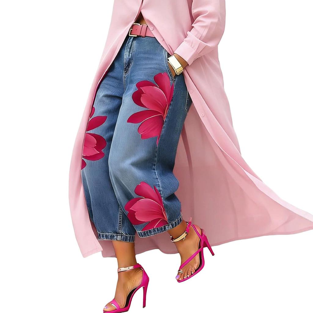 Women’s Denim Wide Leg Pants with Floral Print High Waist Casual Loose Fit Trousers for Everyday Wear Street Style