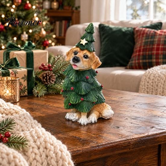 Resin Pet Decorations Christmas Dog Figurine, Puppy Statue in Tree & Gift Unique Themed Presents Box Costume, Festive Desktop Mantel Decor,