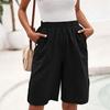 High Waisted Women's Casual Loose Bermuda Shorts With Pockets Knee Length Summer Wide Leg Linen Shorts
