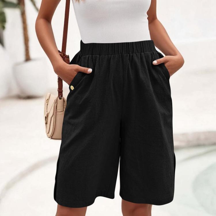 High Waisted Women's Casual Loose Bermuda Shorts With Pockets Knee Length Summer Wide Leg Linen Shorts