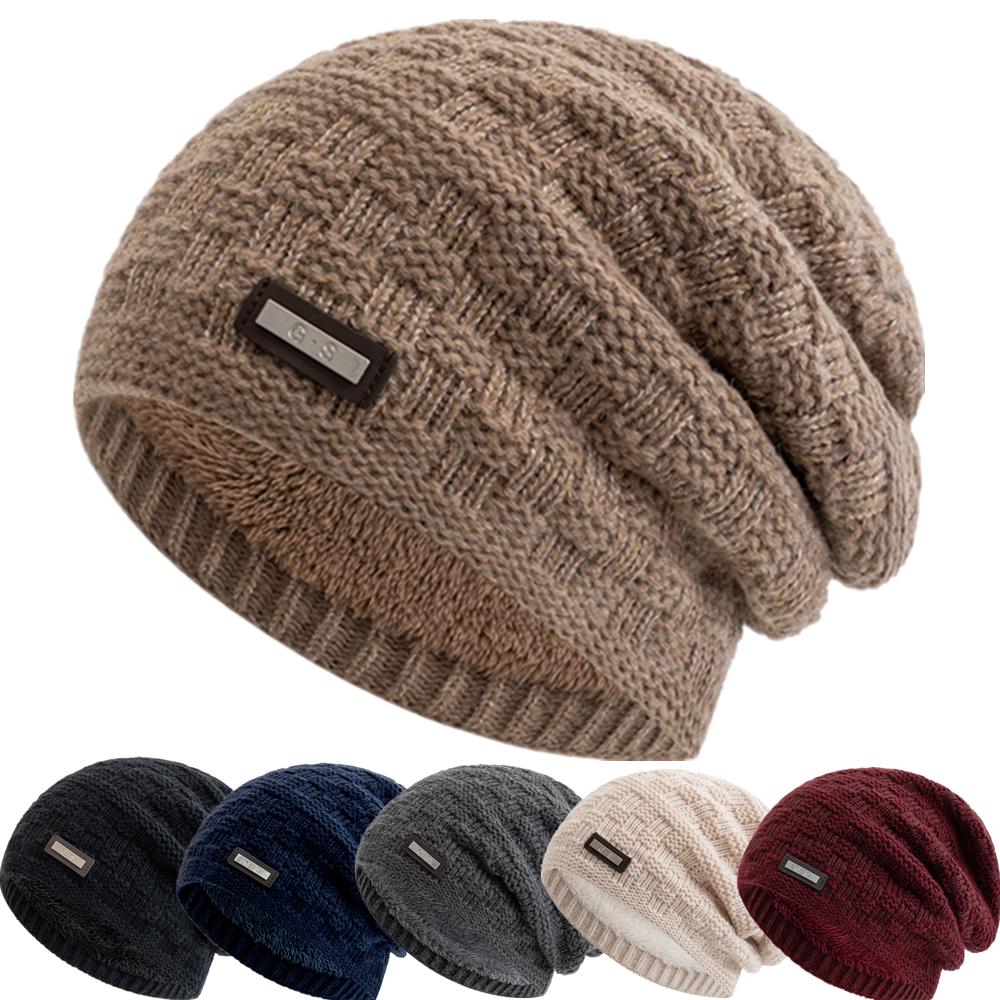 New Unisex Fashion G.S Metal Mark Hats Plush Fur Lined Hats For Men Women Warm Beanie Cap Casual Label Decor Winter Knitted Hats