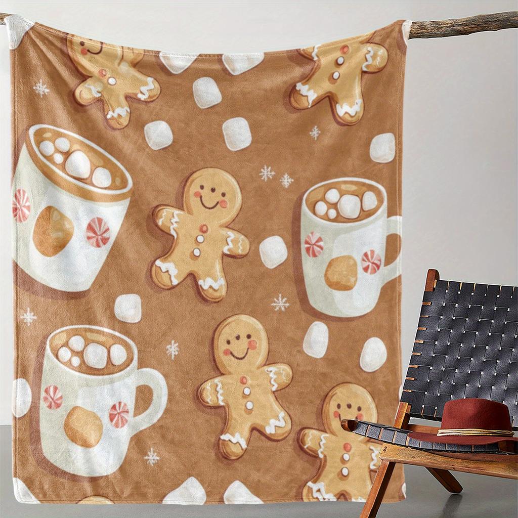 Gingerbread Man Cocoa Cup Floral Print Christmas Throw Blanket, Warm Flannel 2D Pattern All-Season for Sofa Bed Decor & Gift