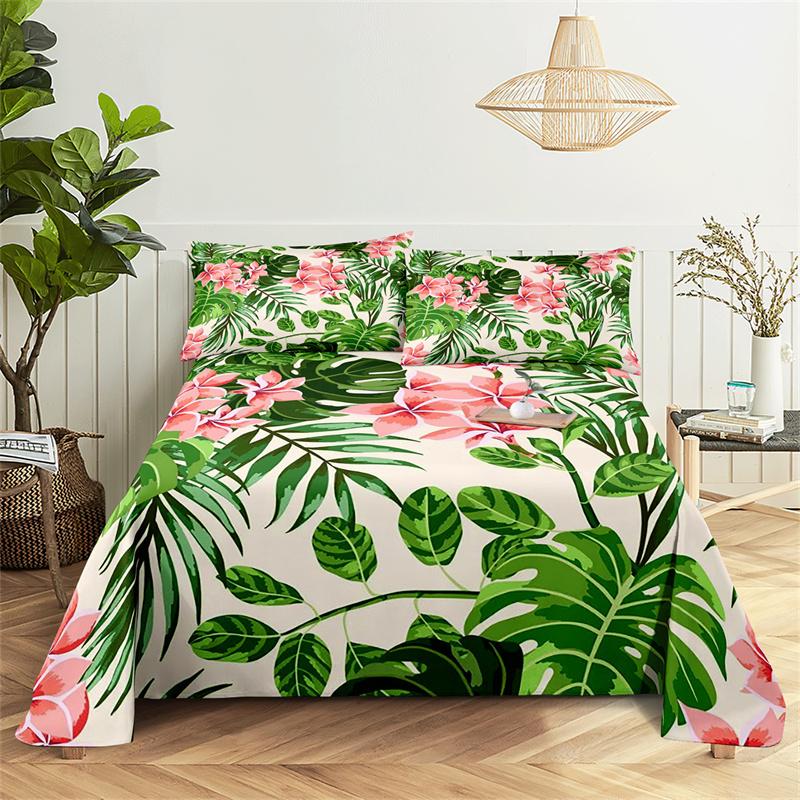 Green Plants Queen Sheet Set Girl, Lady's Room Leaf Bedding Set Bed Sheets And Pillowcases Bedding Flat Sheet Bed Sheet Set