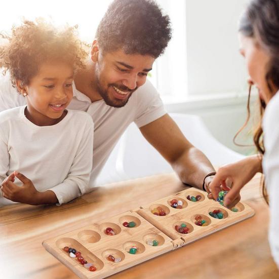 Bamboo Mancala Game with Folding Wooden Board 2 Player Colorful Natural