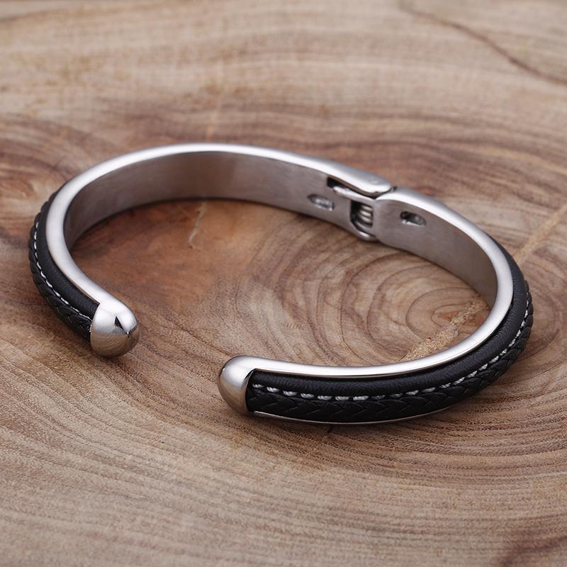 KALEN Stainless Steel Black Leather Bangle Charm Cuff Bracelets & Bangles for Men