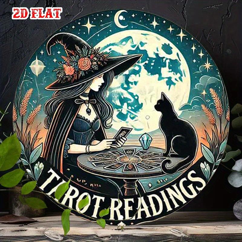 D Flat Metal Sign Witch Tarot Reading with Black Cat Full Moon and Crystal Ball Vintage Occult Mystic Wall Art Rustic Tin P