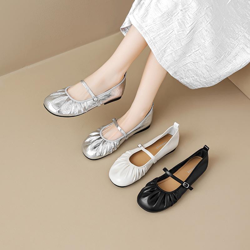 Augustine silver Mary Jane shoes women's 2025 summer new soft-soled pleated small leather shoes low-heeled light-mouth single shoes
