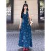 New retro vacation style blue v-neck neck vest dress children's summer waist dress