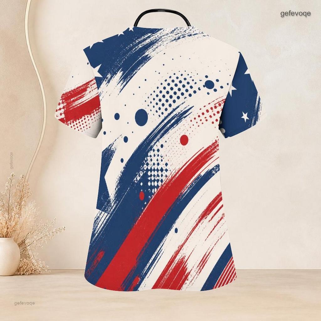 Women Plus Size Red Blue White Printed Nurse Scrub Top V Neck Short Sleeve With Front Pockets