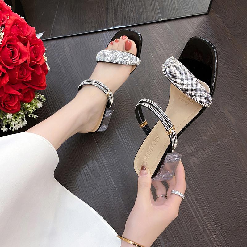 High Heel Cool Slippers Women's Summer New Korean Version Fashion Fairy Rhinestone Middle Heel Two Wear Fashion Slippers