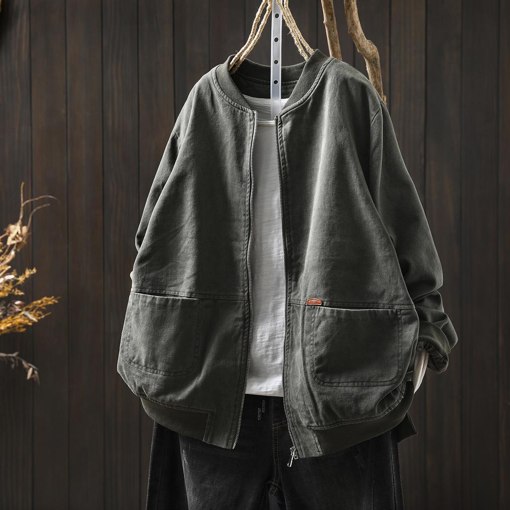 Women Vintage Cotton Jackets Solid Color Stand Long Sleeve Coats Autumn Zipper Loose Casual Pockets Jackets