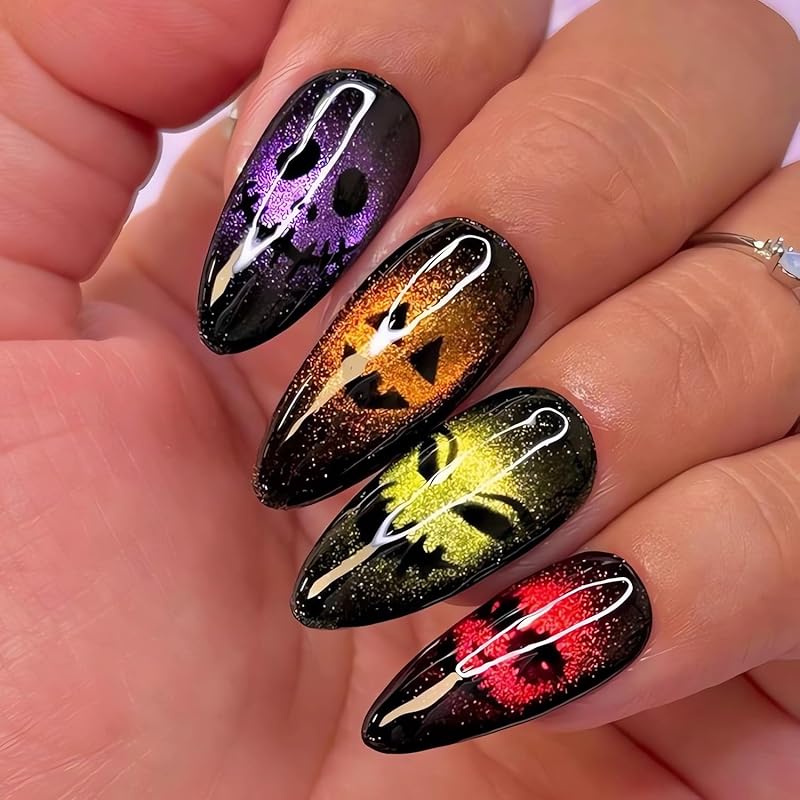 Halloween Press on Nails Medium Fake Nails Almond Shape Halloween False Nail Tips with Pumpkin Star Moon Designs Cute Stick on Nails Glossy Halloween