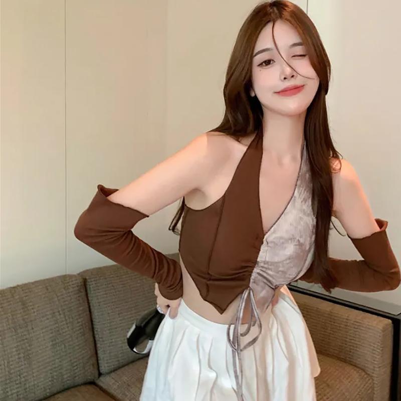 

WTEMPO весна-осень новые нерегулярные кофейные футболки с лямкой на бретельках женские тонкие топы с открытыми плечами в стиле ретро с длинными рукавами на шнуровке уличная одежда L кофейный