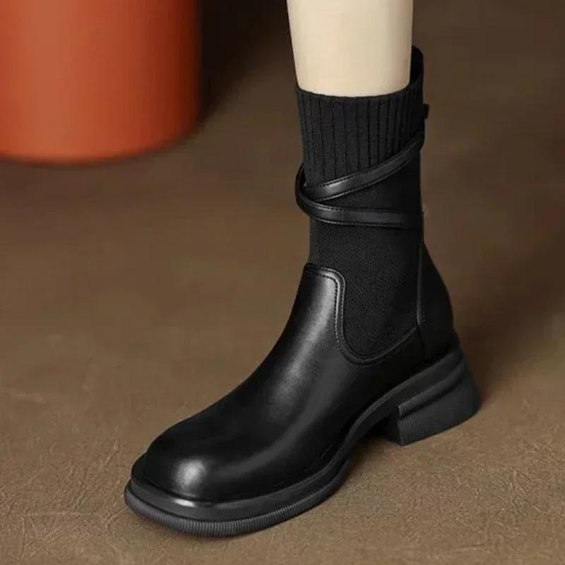 Mode Herbst Neue Damen Chelsea Boots Vintage Damen Plateauschuhe Blockabsatz Stretch Socken Stiefeletten für Damen Botines Chelsea