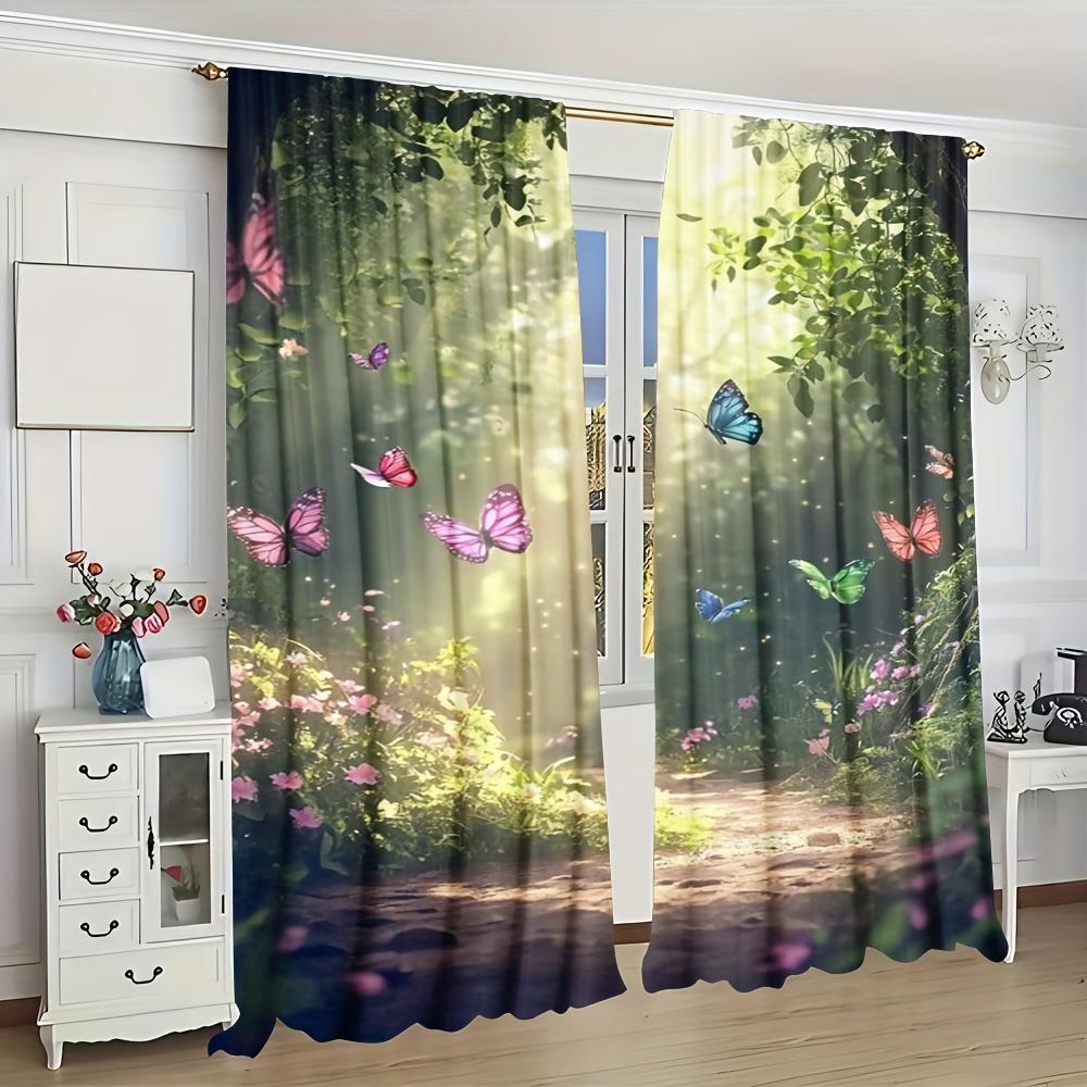 Floral Butterfly Curtains Forest Pattern Polyester Semi Translucent Be Curtain Set Of 2 Artistic Made With Rod Pocket Washable