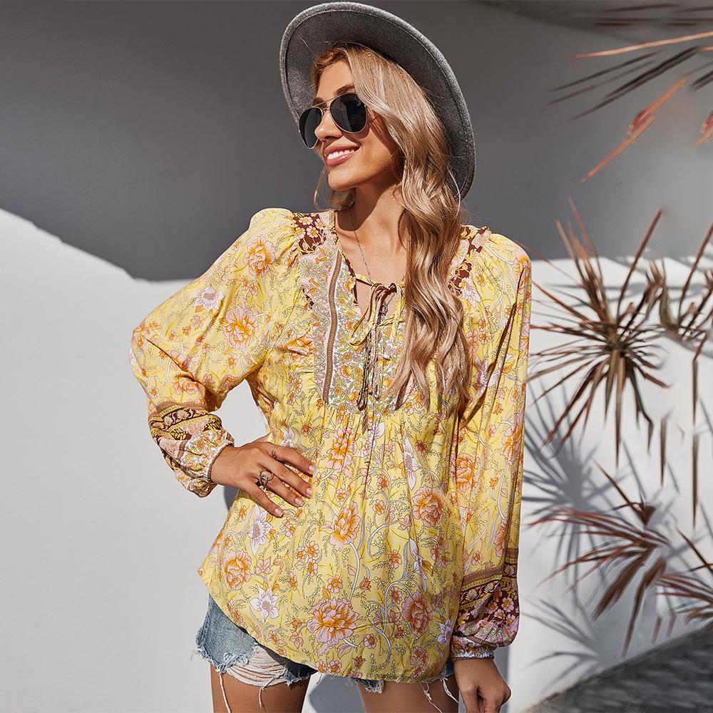 Women's Summer V Neck Printed Lantern Long Sleeve Loose Top