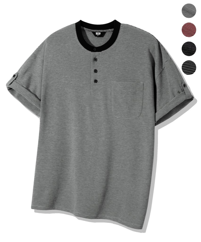 TRILLION Roll-Up One-Pocket Henley Neck Short Sleeve T-Shirt_4Color