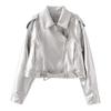 Womens PU Faux Leather Moto Jacket Short Fit Streetwear Oversized Biker Style With Zipper Patchwork Detail