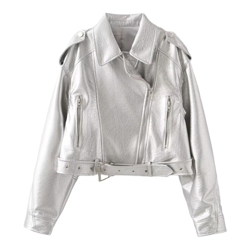 Womens PU Faux Leather Moto Jacket Short Fit Streetwear Oversized Biker Style With Zipper Patchwork Detail