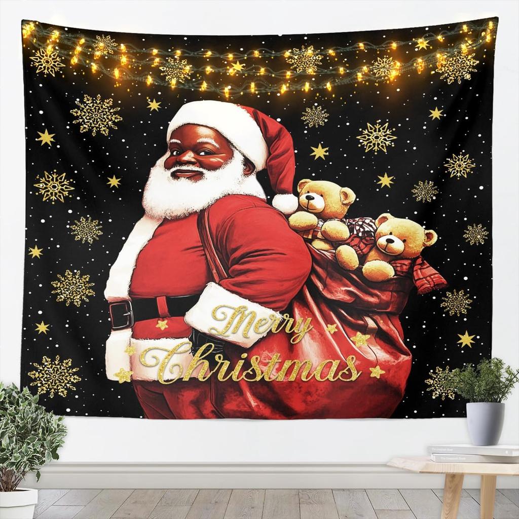 Black Santa Claus Tapestry Afro African American Wall Art Merry Christmas Wall Hanging Blanket for Living Room Bedroom Home