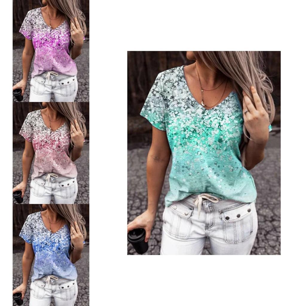 Elegant Womens V-neck Short Sleeve Floral Print Tops T-shirt For Casual Wear