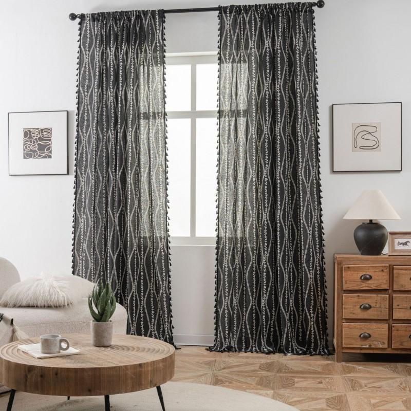 Black Curved Floral Print Cotton Curtain With Tassel Trim Semi-Sheer Living Room Dining Kitchen Bay Window