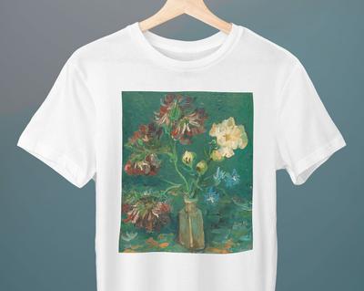 Small Bottle with Peonies and Blue Delphiniums, Vincent Van Gogh, Unisex T-Shirt, Art T-Shirt, Gift for Her, Gift for Him, Art Lover Gift