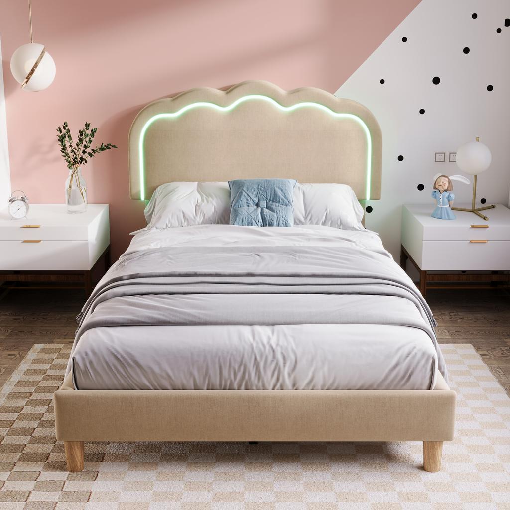 Upholstered Bed LED Single Bed 90 X 190 Cm, Slatted Frame and Adjustable Headboard, In Beige, Youth Bed for Bedroom Guest Room - Linen Material