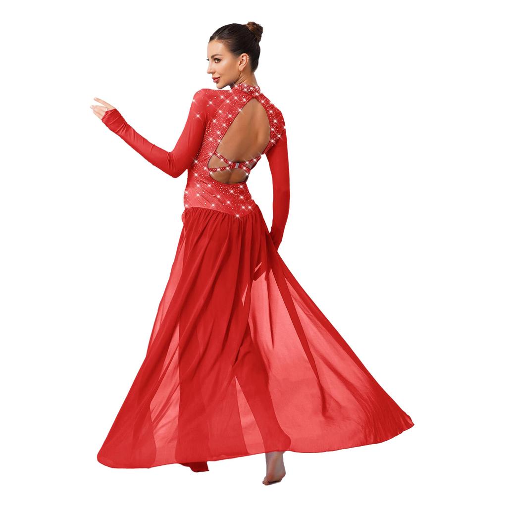 Vestido de Danza Lírica para Mujer con Pedrería Brillante, Manga Larga, Diseño sin Espalda, Chifón, Bajo con Abertura, Leotardo de Una Pieza