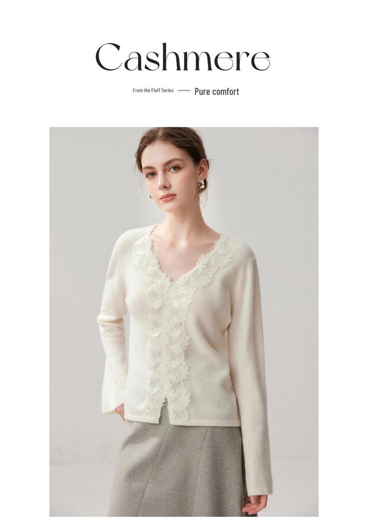 Women's V-Neck Bell Sleeve Cashmere Cardigan - Handmade Crochet Lace, Single-Breasted, Warm Autumn/Winter Layer
