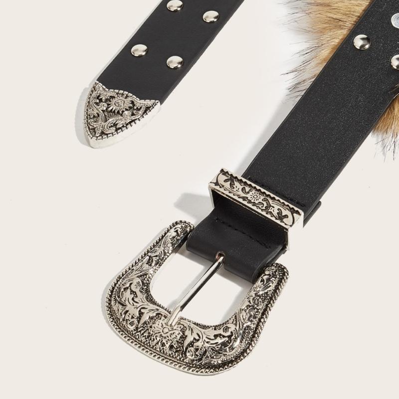 Fashionable PU Leather Waist Cincher With Faux Furs Patchworked Adjustable Pin Buckles Belt For Party adn Daily Outfit
