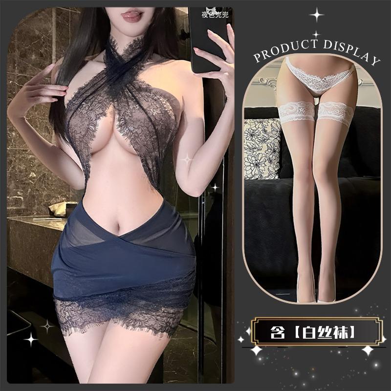 Sexy Lingerie Women's Sexy Tight Neck Lace Secretary Uniform Soft Yarn Hip Skirt Maid Suit