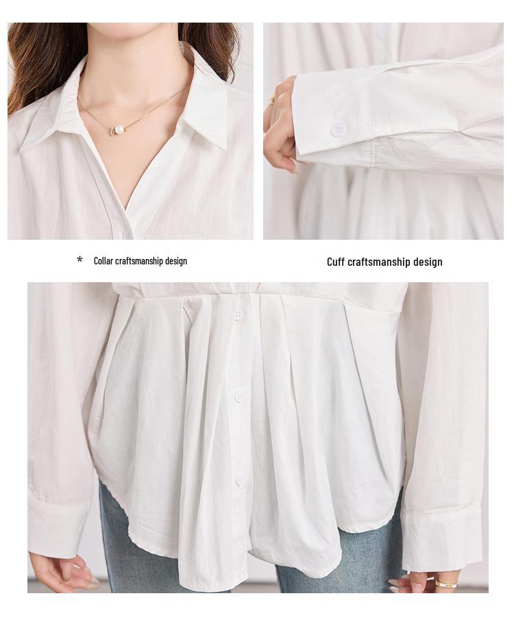 Women's French Style Slimming White Polo Neck Long Sleeve Shirt - 2026 Early Spring Collection