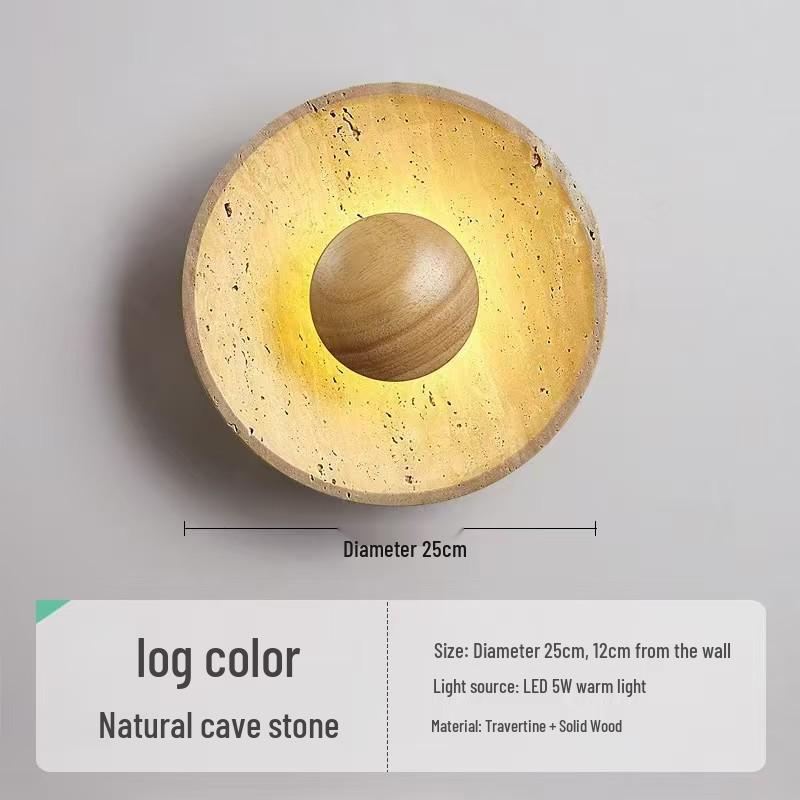 Japanese Wabi-Sabi Style Wall Lamp, Yellow Travertine Round, for Bedrooms, Restaurants, and Hallways