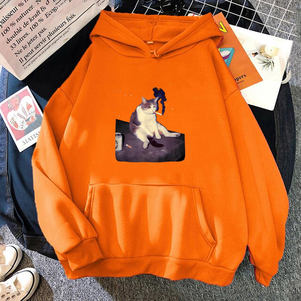 Funny Smoking Cat Meme Hoodies Cigarette Cat Cartoon Print Sweatshirt Cat Lover Unisex Pullover Stupid Brainrot Gift Streetwear Men women Anime jacket