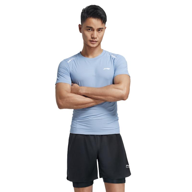 Li-Ning Waterproof Chlorine Resistant Simple Solid Color Speed Training Short Sleeve Swimwear Men Swimwear Blue LNYW821-4
