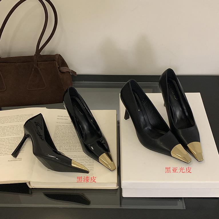 Heel single shoes women's spring new pointed one pedal stiletto temperament color matching black high heels