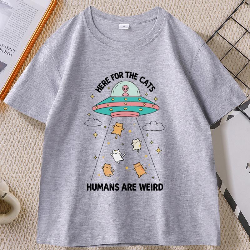 Funny Cat TShirt Here for The Cats HuUnisexs Are Weird Tshirt Vintage Cartoon Tee Alien UFO Cat Lover Graphic Unisex T Shirt