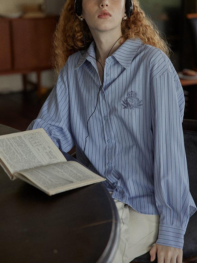 

Женская французская ретро-рубашка в синюю полоску, осенняя 25/F для通勤 Small