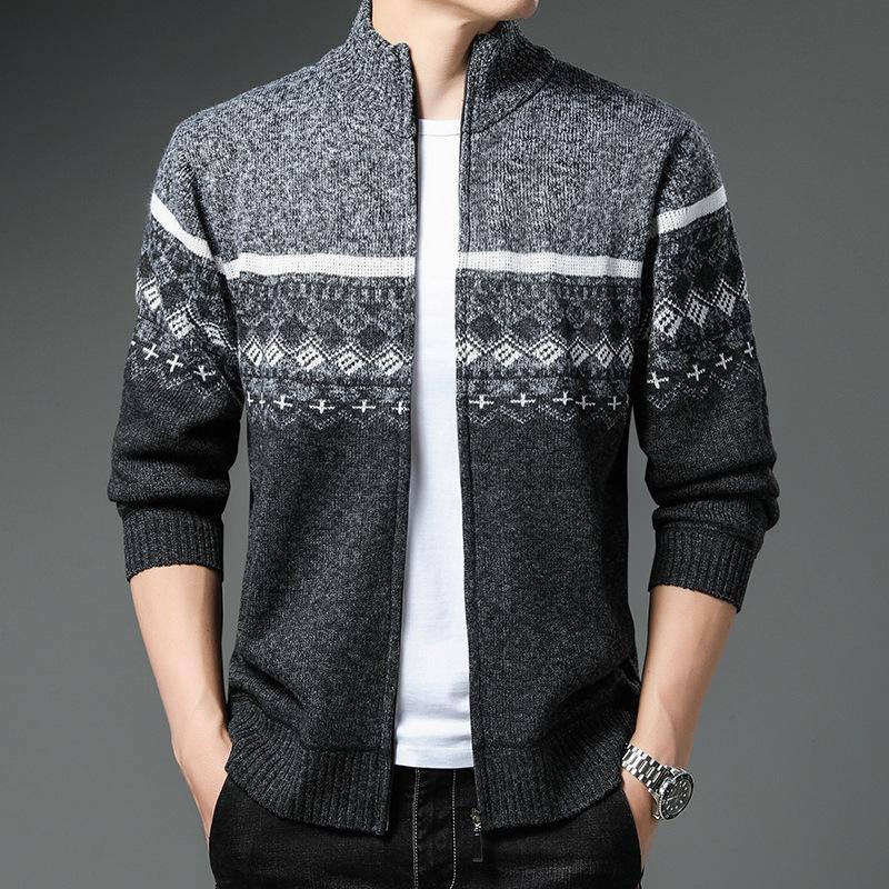 Autumn and Winter Men's Sweaters Casual Stand-up Collar Printed Sweaters Men's Coats Plus Fleece Jackets