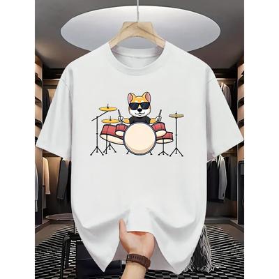 Herren Sommer Freizeit Kurzarm T-Shirt mit verspieltem Cartoon-Katze Schlagzeug spielend Grafikdruck, Rundhals Regular Fit T-Shirt, Bequeme Passform