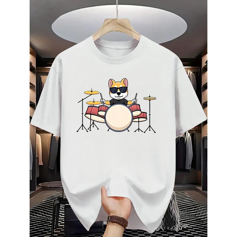 

Мужская летняя повседневная футболка с коротким рукавом, с игривым принтом мультяшного кота, играющего на барабанах, с круглым вырезом, обычного кроя, удобная посадка S белый