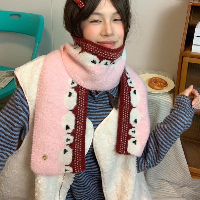Luochi Sweet Sheep Knit Scarf: Cozy Jacquard Neck Gaiter for Autumn/Winter, Perfect for Students and Couples