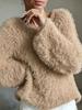 European and American women's clothing macaron round neck fluffy design sense solid color long-sleeved fluffy top