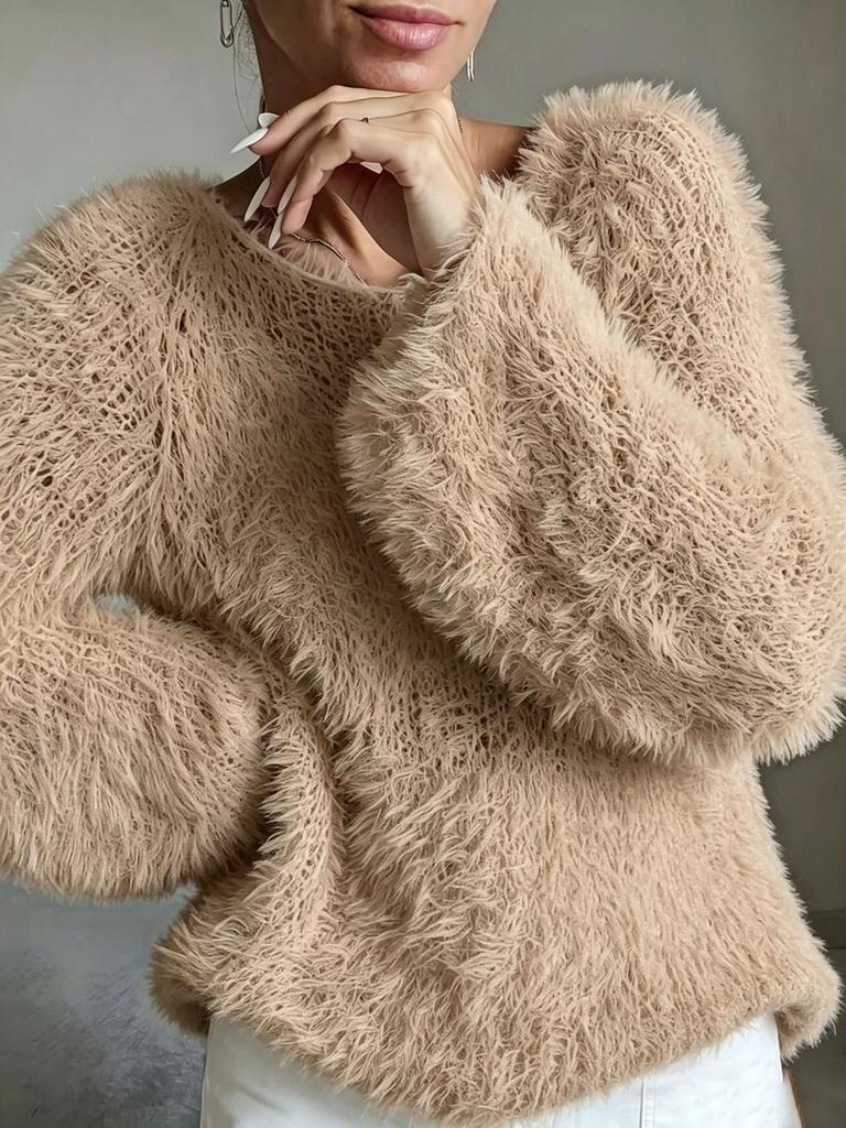 European and American women's clothing macaron round neck fluffy design sense solid color long-sleeved fluffy top