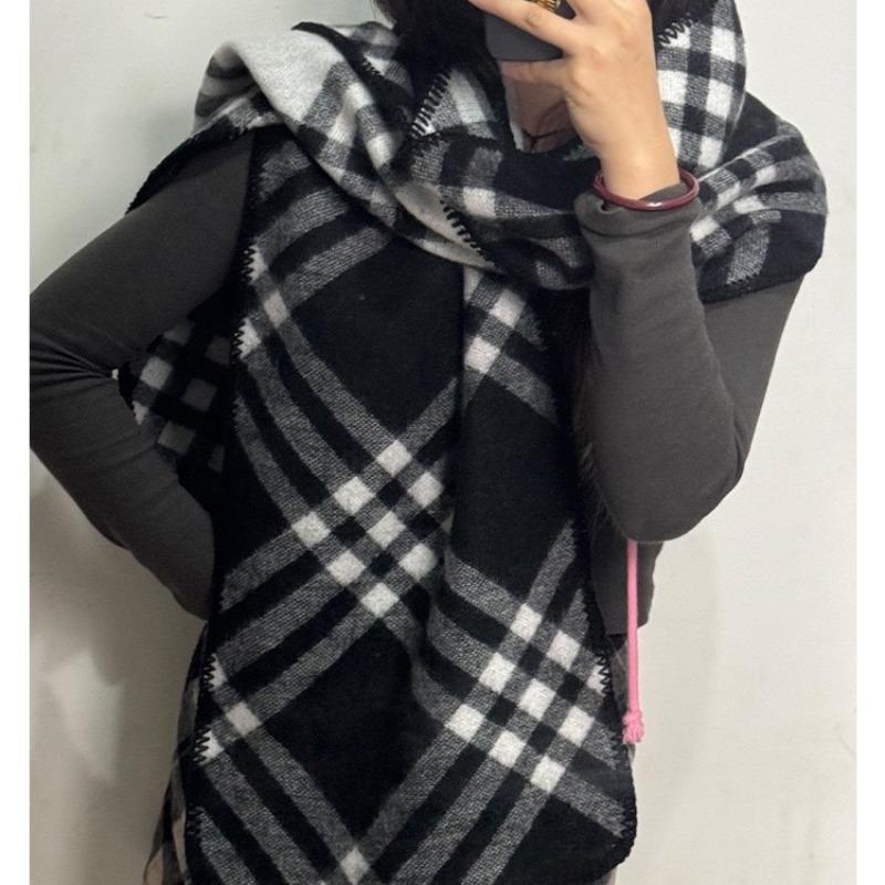 Checked Scarf, Korean Trendy Autumn and Winter Scarf, Line Double-sided Imitation Cashmere Scarf