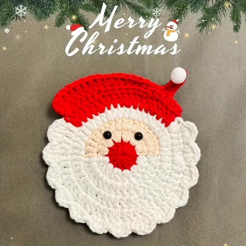 Handmade Crochet Santa Claus Coaster - Festive Red & White Christmas Decor, Drink Coaster For Holiday Table Setting